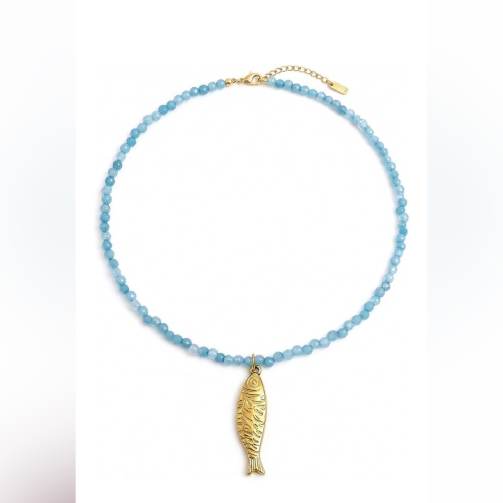 Blue Bead Necklace with Gold Fish Charm new